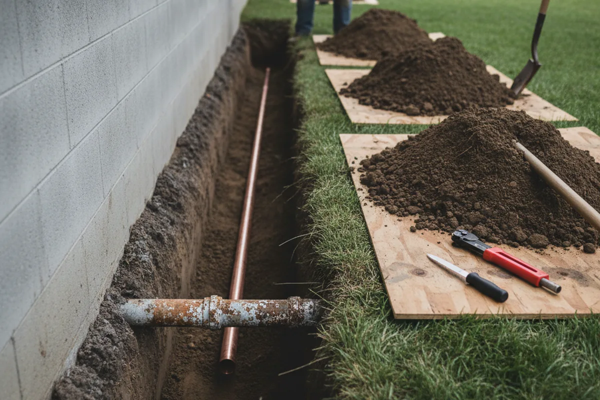 Excavated water line trench during Sewer Line Repair in Blue Grass